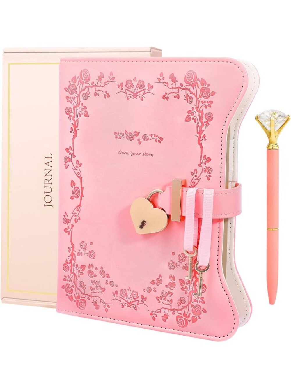 Heart-Shaped Locking Diary with Key, Gilded Pages Journal & Diamond Pen Gift Set
